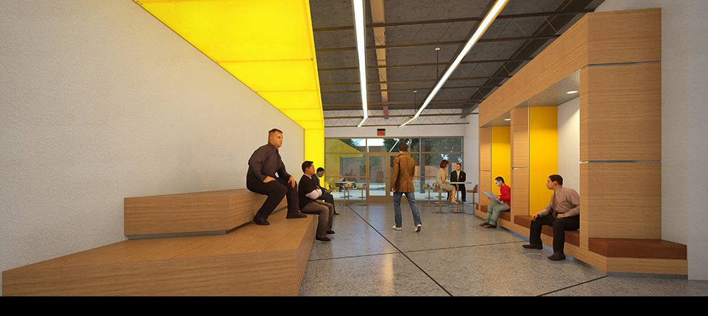 Students gather inside the rear of the building